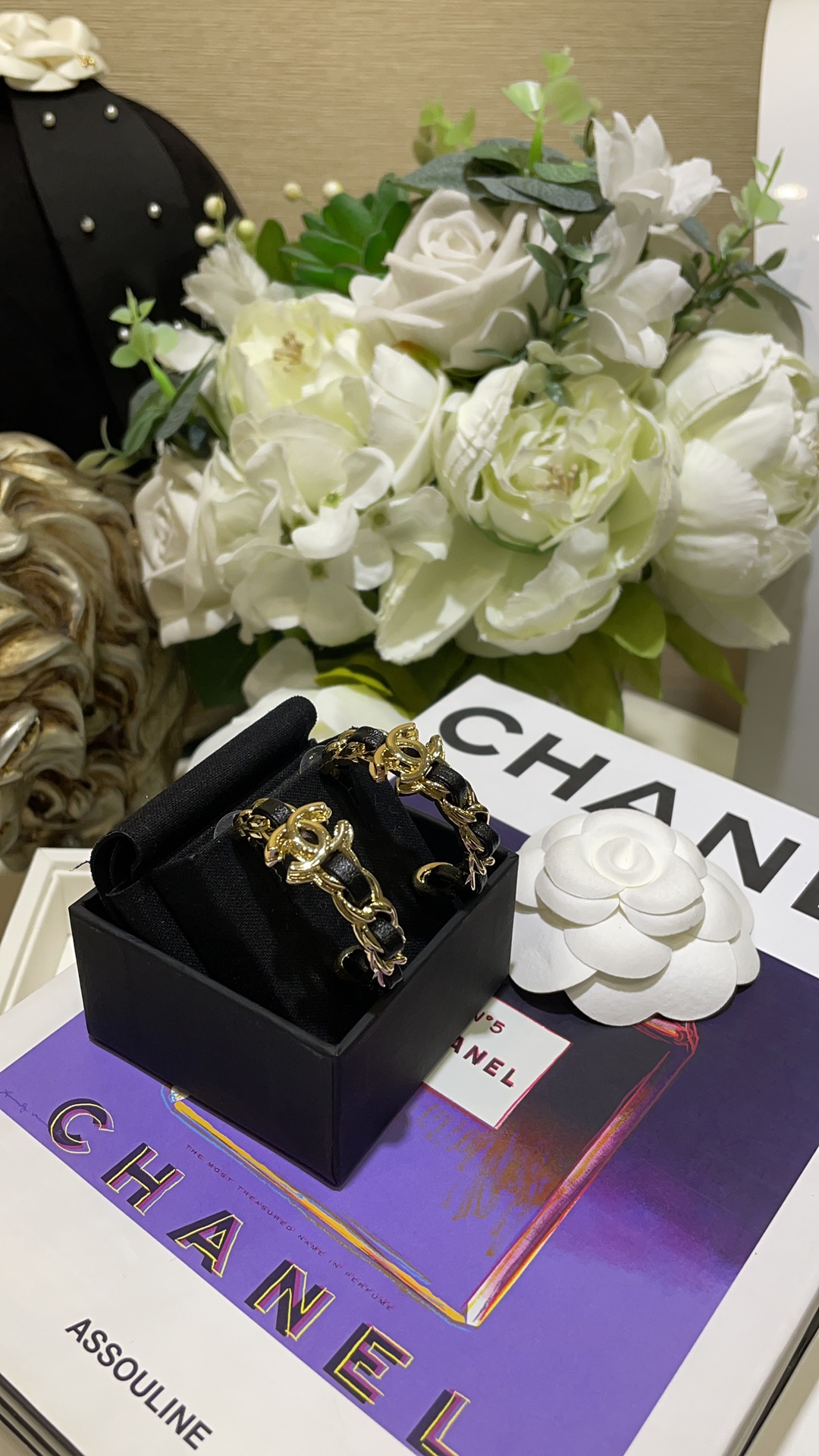 CHANEL 24K New Gold Double C Hoop Earrings with Leather-Woven Chain